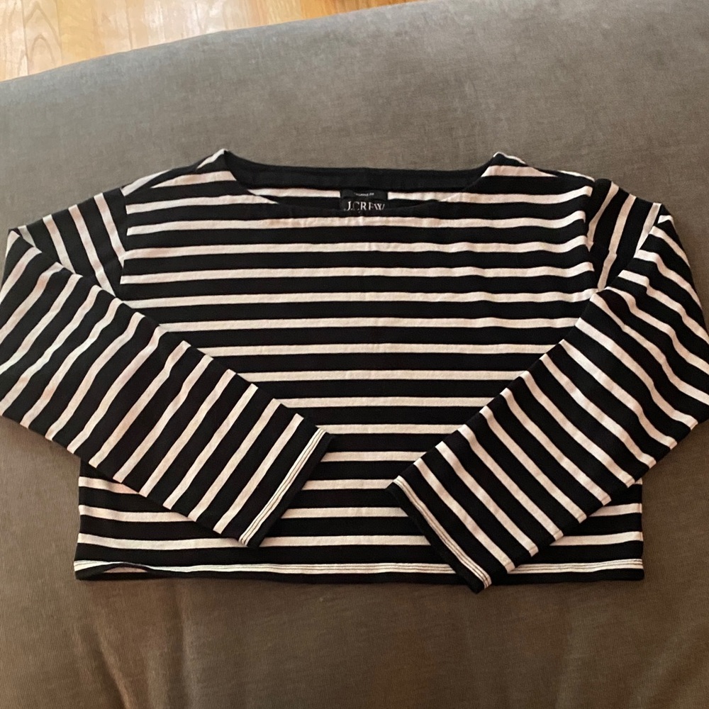 J. Crew Black and White Striped Boatneck Cropped Top